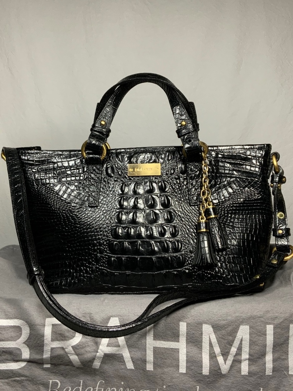 Brahmin Black Croc Embossed Satchel Shoulder Bag
